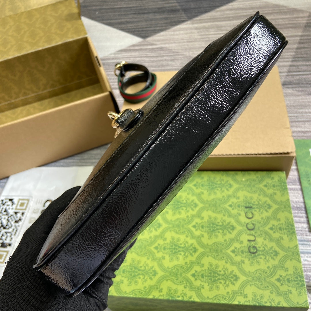 Luxury Gucci JACKIE SMALL SHOULDER BAG 27 IN BLACK CRACKED LACQUER CALFSKIN GOLD HARDWARE