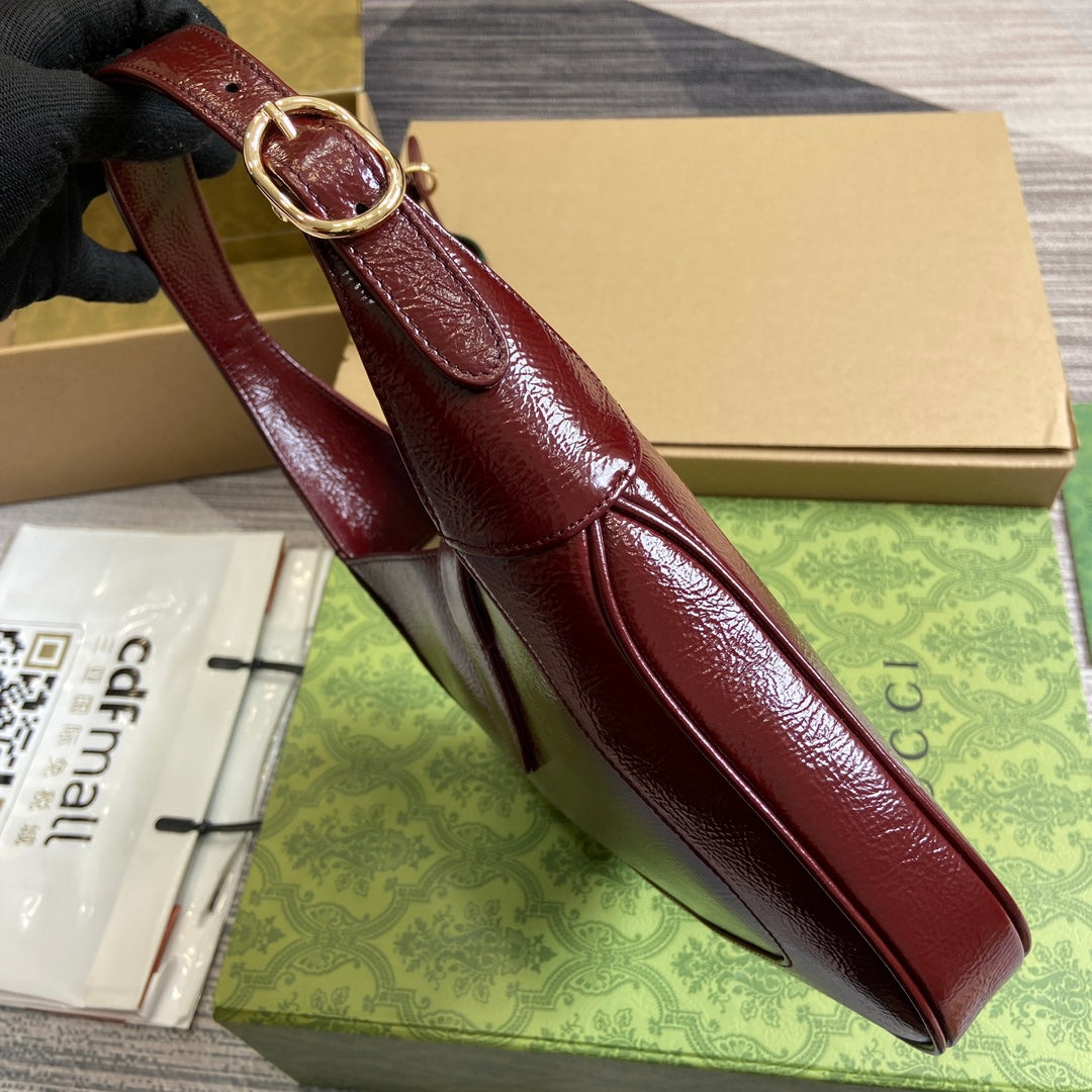 Luxury Gucci JACKIE SMALL SHOULDER BAG 27 IN WINE RED CRACKED LACQUER CALFSKIN GOLD HARDWARE