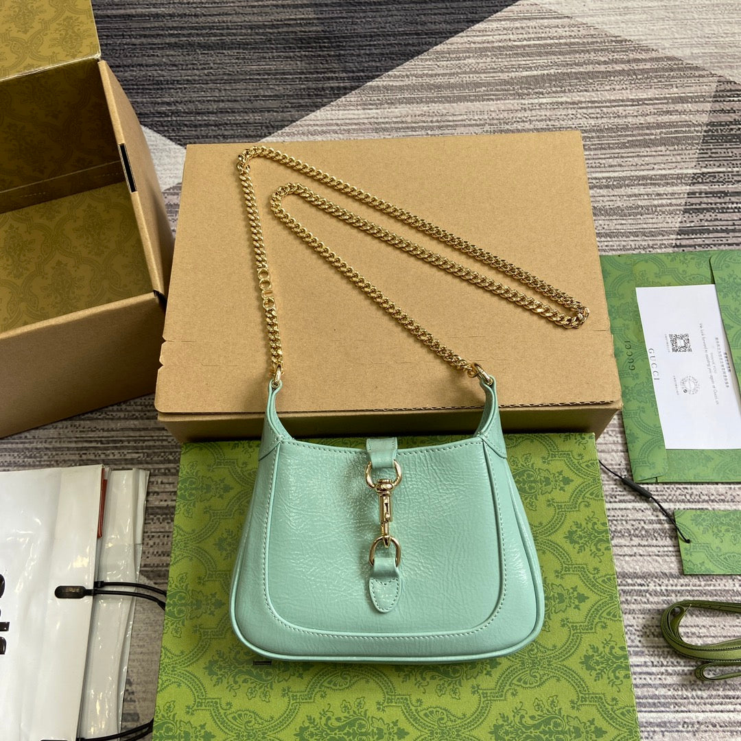 Luxury Gucci JACKIE NOTTE MINI BAG 19 IN MINT GREEN CRACKED LACQUER CALFSKIN GOLD HARDWARE