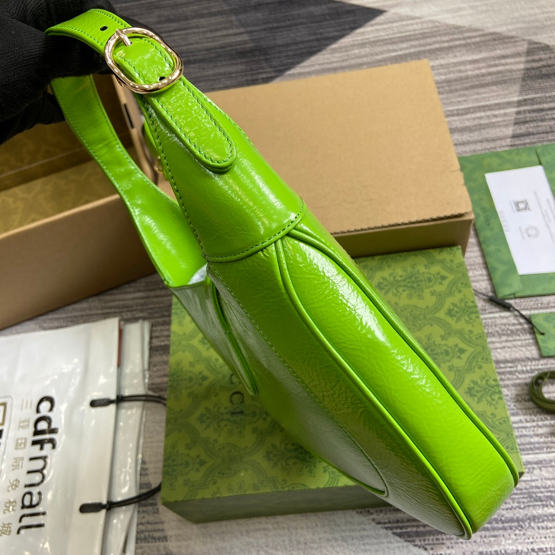 Luxury Gucci JACKIE SMALL SHOULDER BAG 27 IN LIME GREEN CRACKED LACQUER CALFSKIN GOLD HARDWARE