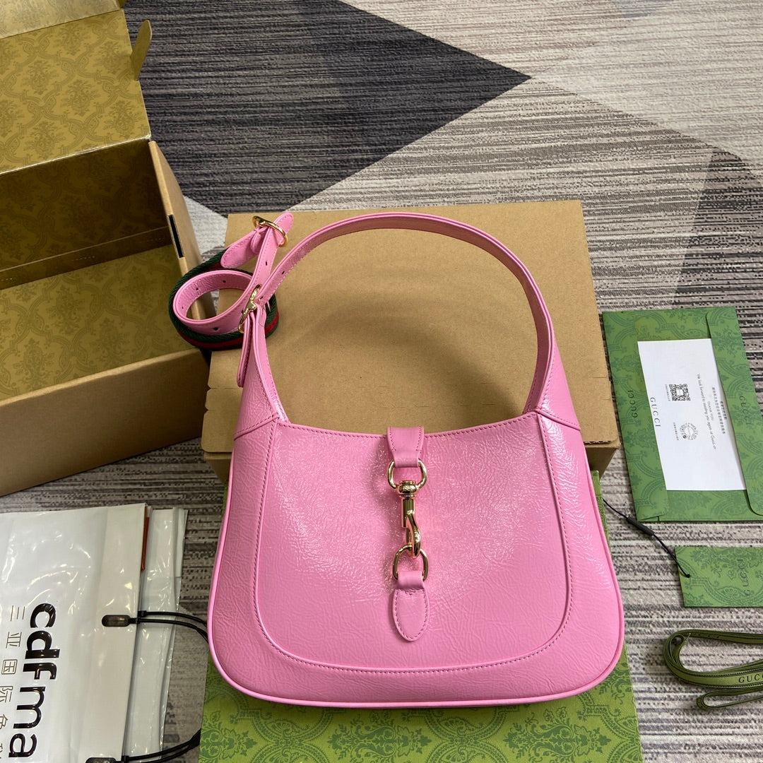 Luxury Gucci JACKIE SMALL SHOULDER BAG 27 IN PINK CRACKED LACQUER CALFSKIN GOLD HARDWARE