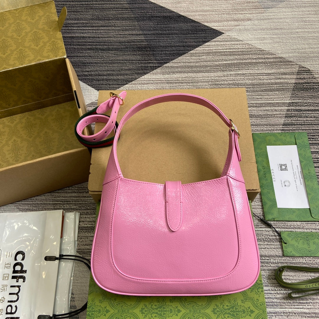 Luxury Gucci JACKIE SMALL SHOULDER BAG 27 IN PINK CRACKED LACQUER CALFSKIN GOLD HARDWARE