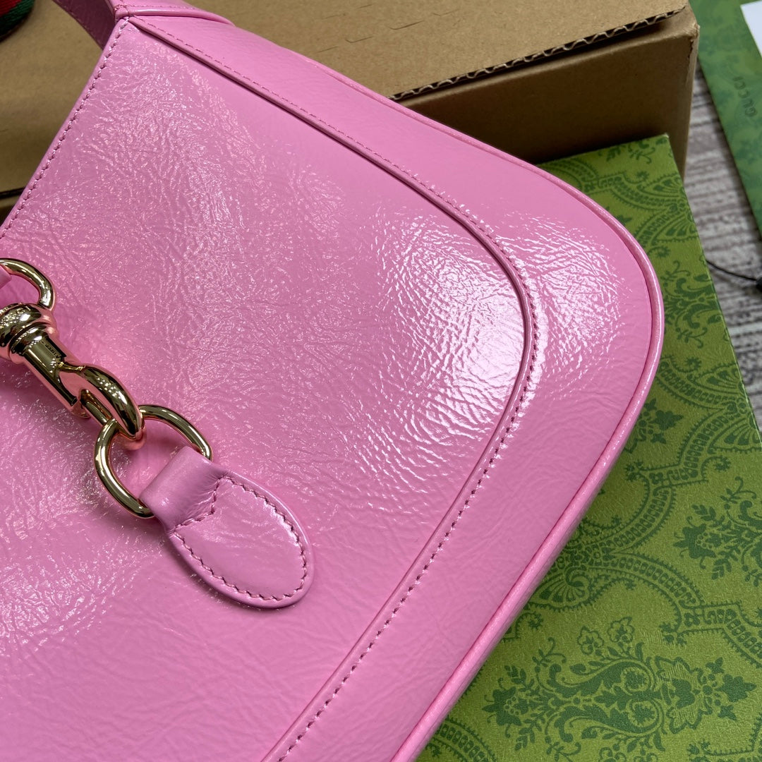 Luxury Gucci JACKIE SMALL SHOULDER BAG 27 IN PINK CRACKED LACQUER CALFSKIN GOLD HARDWARE