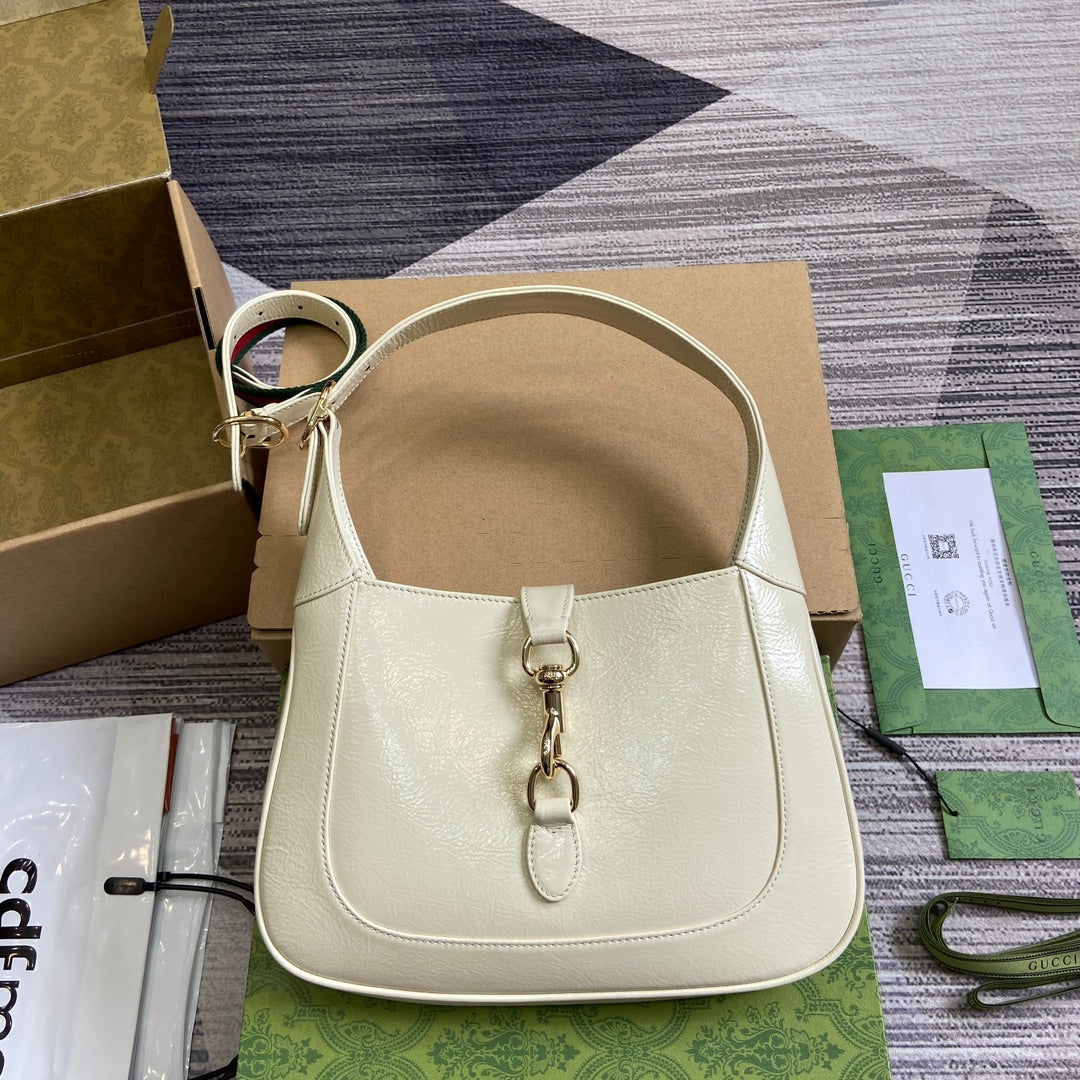 Luxury Gucci JACKIE SMALL SHOULDER BAG 27 IN WHITE CRACKED LACQUER CALFSKIN GOLD HARDWARE