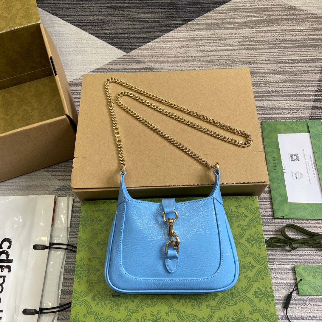 Luxury Gucci JACKIE NOTTE MINI BAG 19 IN OCEAN BLUE CRACKED LACQUER CALFSKIN GOLD HARDWARE