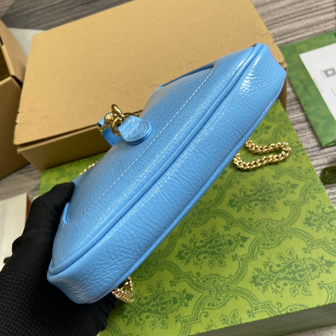 Luxury Gucci JACKIE NOTTE MINI BAG 19 IN OCEAN BLUE CRACKED LACQUER CALFSKIN GOLD HARDWARE