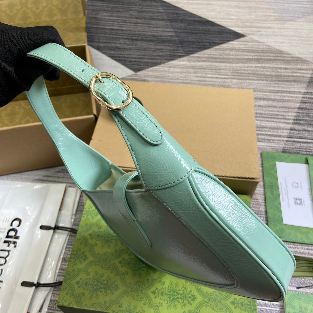 Luxury Gucci JACKIE SMALL SHOULDER BAG 27 IN MINT GREEN CRACKED LACQUER CALFSKIN GOLD HARDWARE