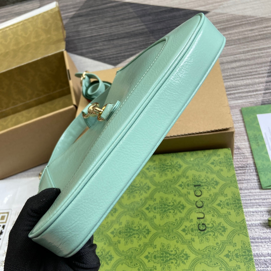 Luxury Gucci JACKIE SMALL SHOULDER BAG 27 IN MINT GREEN CRACKED LACQUER CALFSKIN GOLD HARDWARE