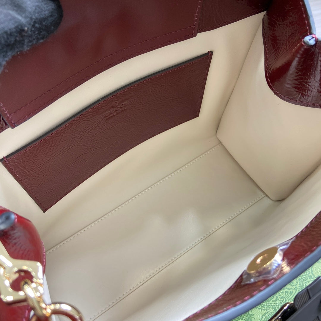 Luxury Gucci DIANA SMALL TOTE BAG 27 WITH WEB IN WINE RED LACQUER CALFSKIN BAMBOO HANDLE