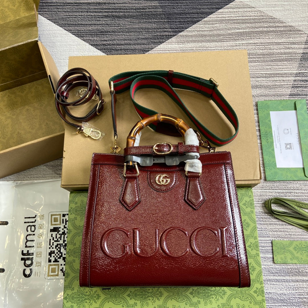 Luxury Gucci DIANA SMALL TOTE BAG 27 WITH WEB IN WINE RED LACQUER CALFSKIN BAMBOO HANDLE