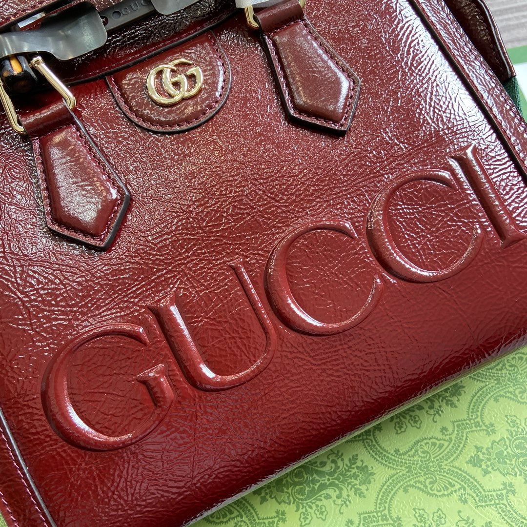 Luxury Gucci DIANA SMALL TOTE BAG 27 WITH WEB IN WINE RED LACQUER CALFSKIN BAMBOO HANDLE