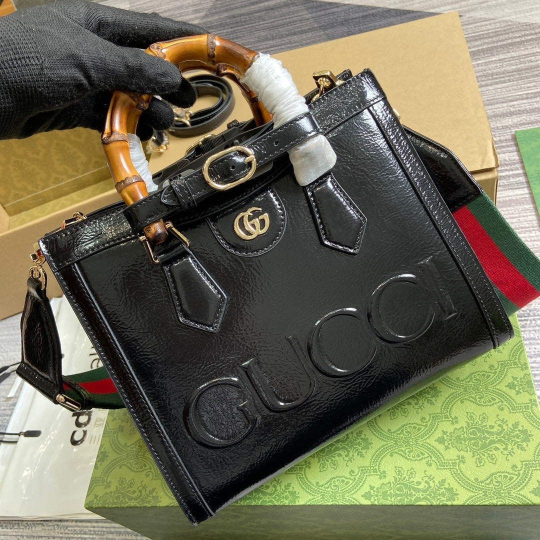 Luxury Gucci DIANA SMALL TOTE BAG 27 WITH WEB IN BLACK LACQUER CALFSKIN BAMBOO HANDLE