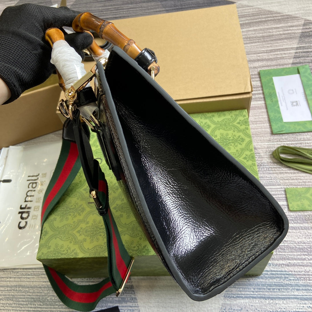 Luxury Gucci DIANA SMALL TOTE BAG 27 WITH WEB IN BLACK LACQUER CALFSKIN BAMBOO HANDLE