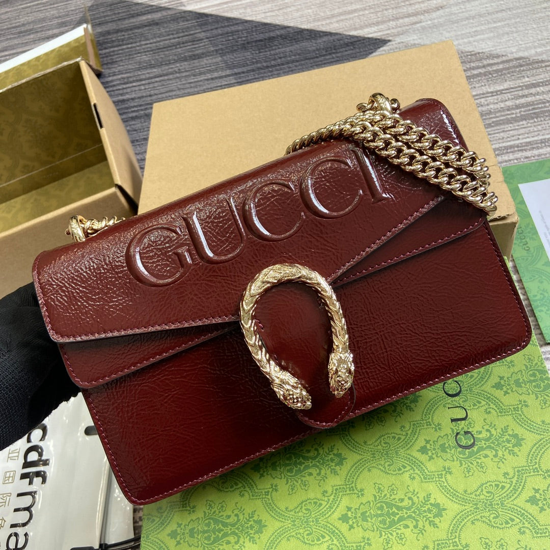 Luxury Gucci DYONYSUS SMALL SHOULDER BAG 28 IN WINE RED LACQUER EMBOSSED CALFSKIN SILVER HARDWARE