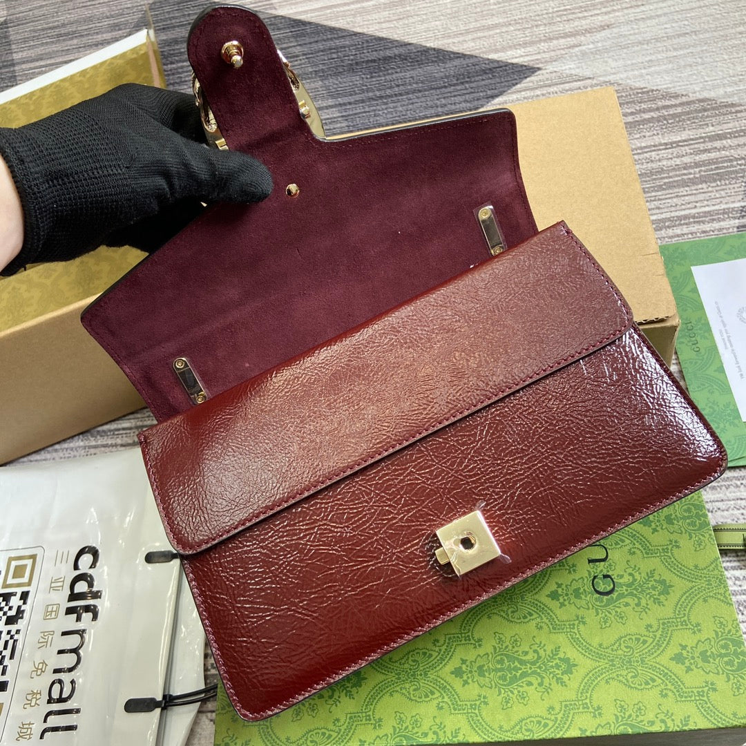 Luxury Gucci DYONYSUS SMALL SHOULDER BAG 28 IN WINE RED LACQUER EMBOSSED CALFSKIN SILVER HARDWARE
