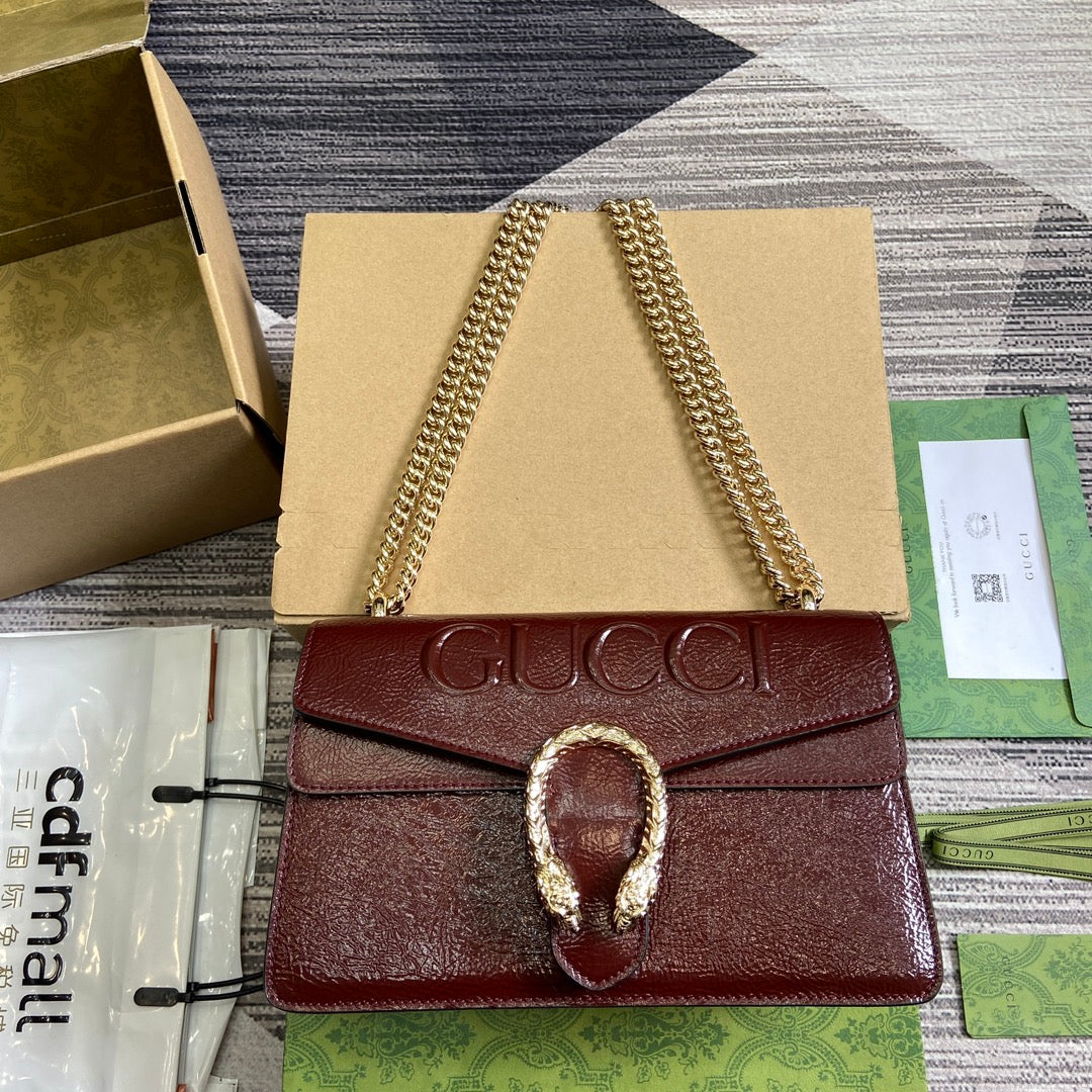 Luxury Gucci DYONYSUS SMALL SHOULDER BAG 28 IN WINE RED LACQUER EMBOSSED CALFSKIN SILVER HARDWARE