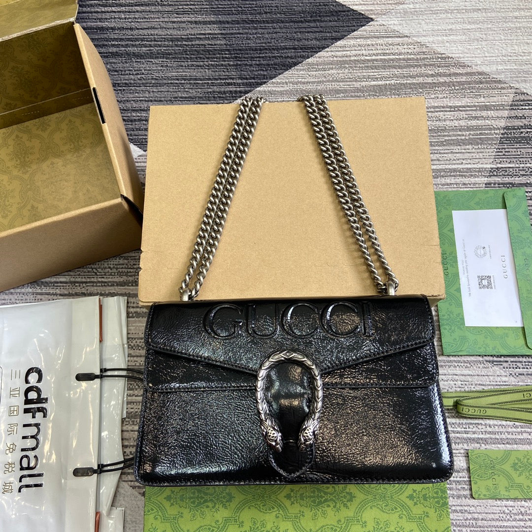 Luxury Gucci DYONYSUS SMALL SHOULDER BAG 28 IN BLACK LACQUER EMBOSSED CALFSKIN SILVER HARDWARE