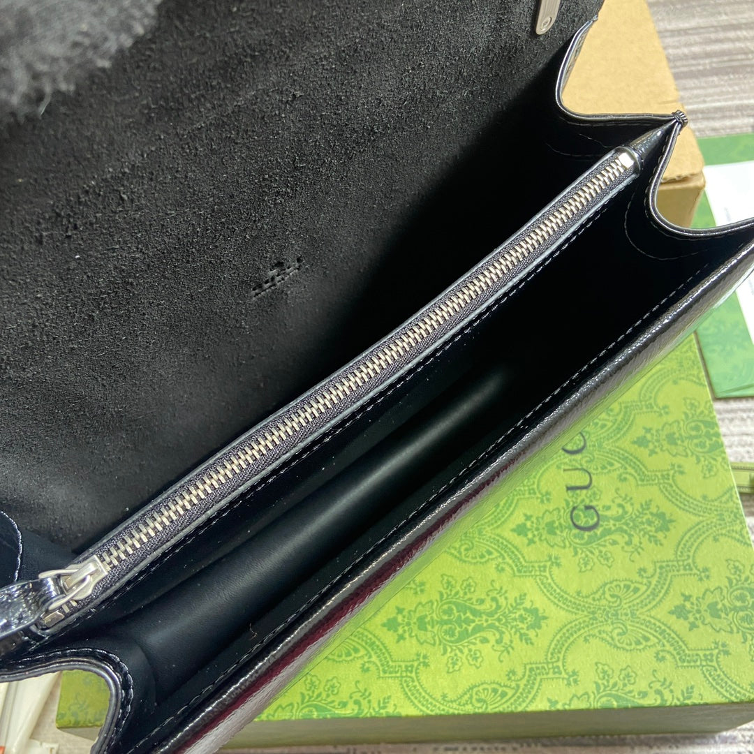 Luxury Gucci DYONYSUS SMALL SHOULDER BAG 28 IN BLACK LACQUER EMBOSSED CALFSKIN SILVER HARDWARE