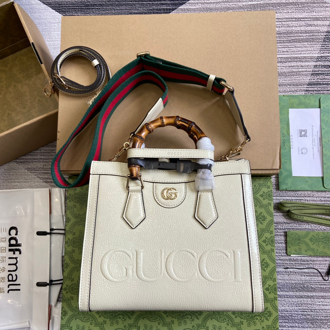 Luxury Gucci DIANA SMALL TOTE BAG 27 WITH WEB IN WHITE LACQUER CALFSKIN BAMBOO HANDLE