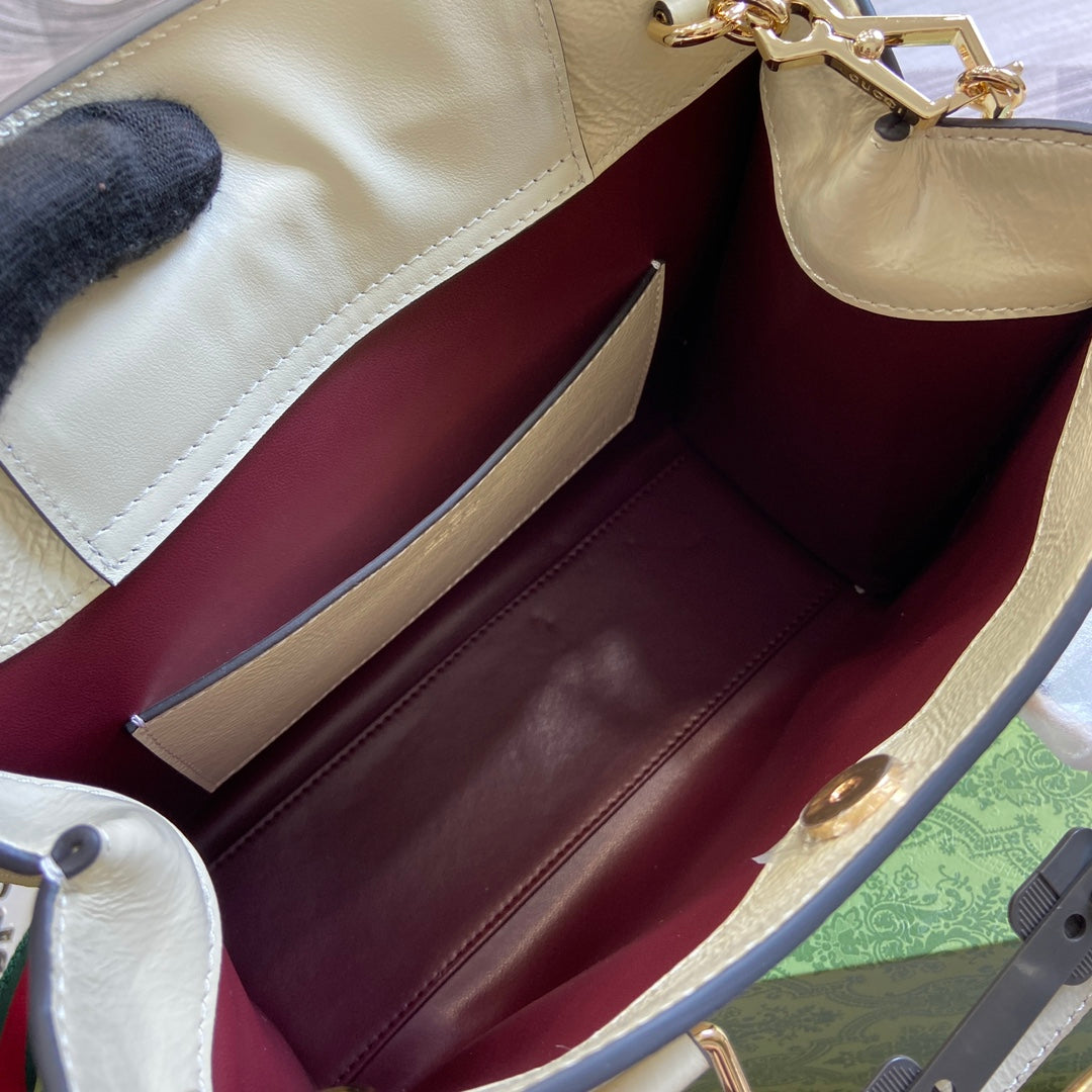 Luxury Gucci DIANA SMALL TOTE BAG 27 WITH WEB IN WHITE LACQUER CALFSKIN BAMBOO HANDLE