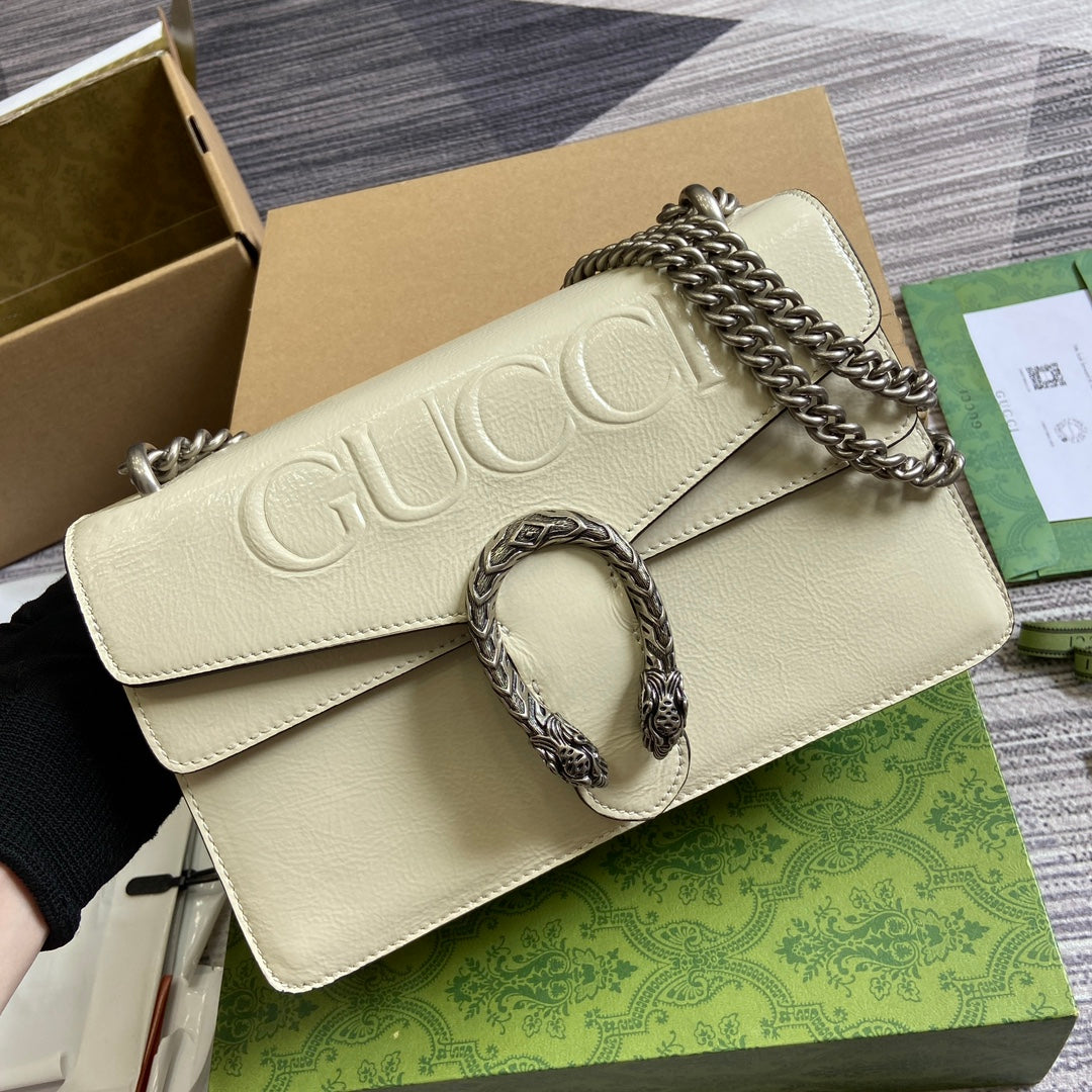Luxury Gucci DYONYSUS SMALL SHOULDER BAG 28 IN WHITE LACQUER EMBOSSED CALFSKIN SILVER HARDWARE