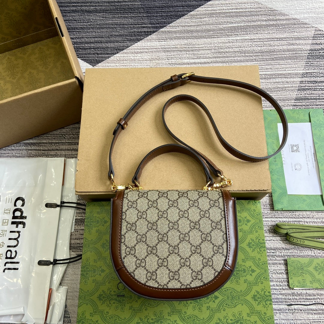 Luxury Gucci HORSEBIT 1955 MINI TOP HANDLE BAG 18 IN BEIGE CANVAS AND BROWN CALFSKIN GOLD HARDWARE