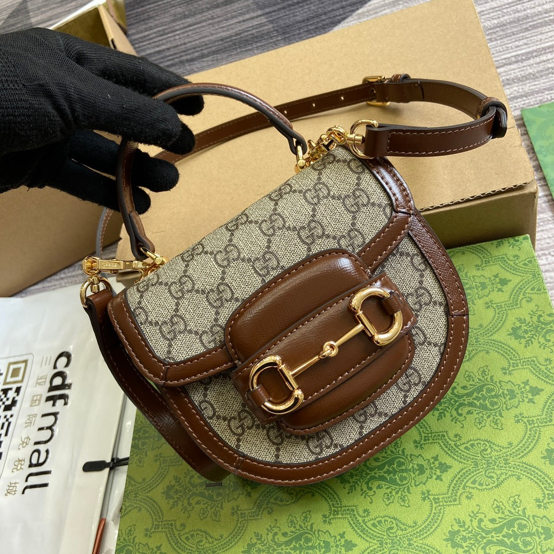 Luxury Gucci HORSEBIT 1955 MINI TOP HANDLE BAG 18 IN BEIGE CANVAS AND BROWN CALFSKIN GOLD HARDWARE