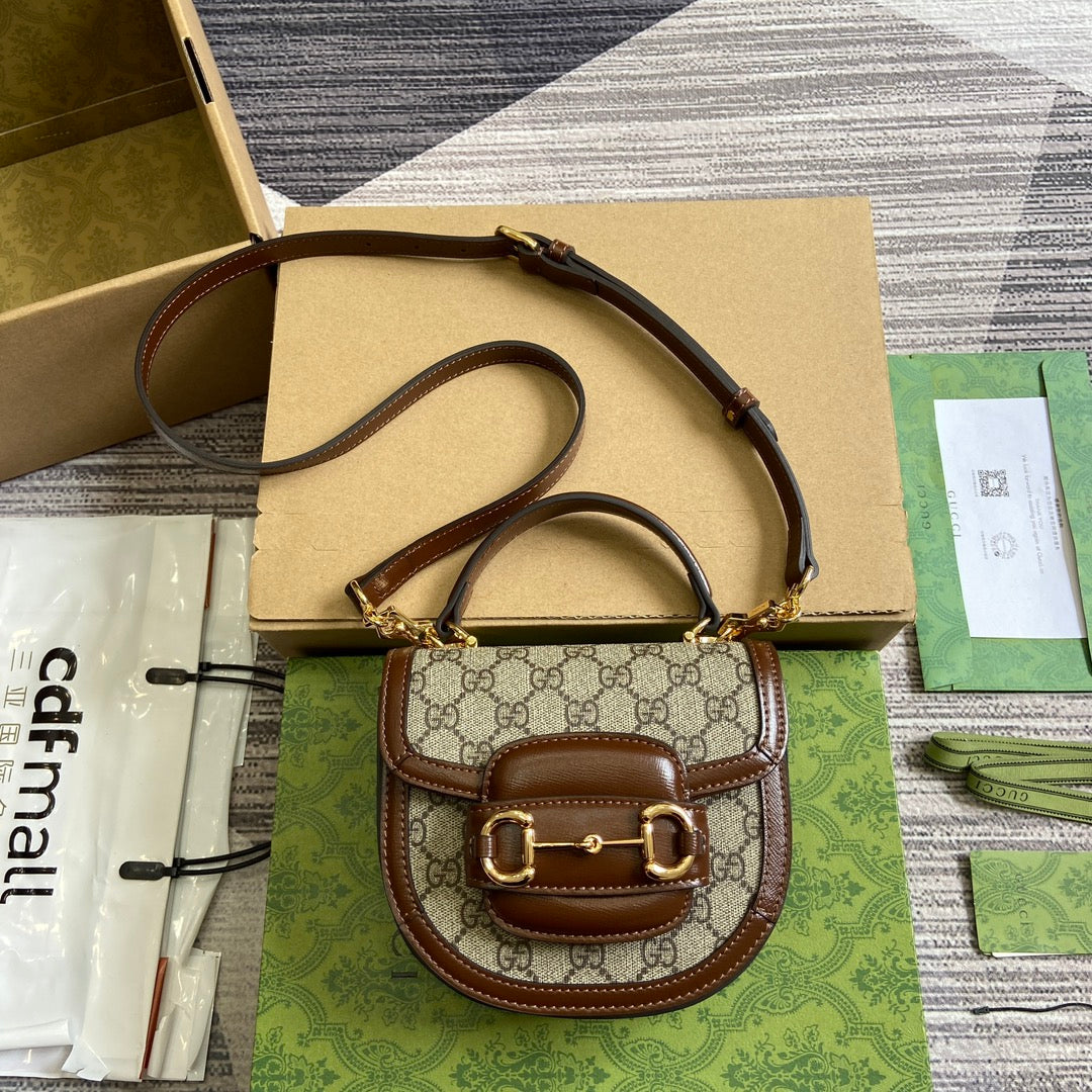 Luxury Gucci HORSEBIT 1955 MINI TOP HANDLE BAG 18 IN BEIGE CANVAS AND BROWN CALFSKIN GOLD HARDWARE
