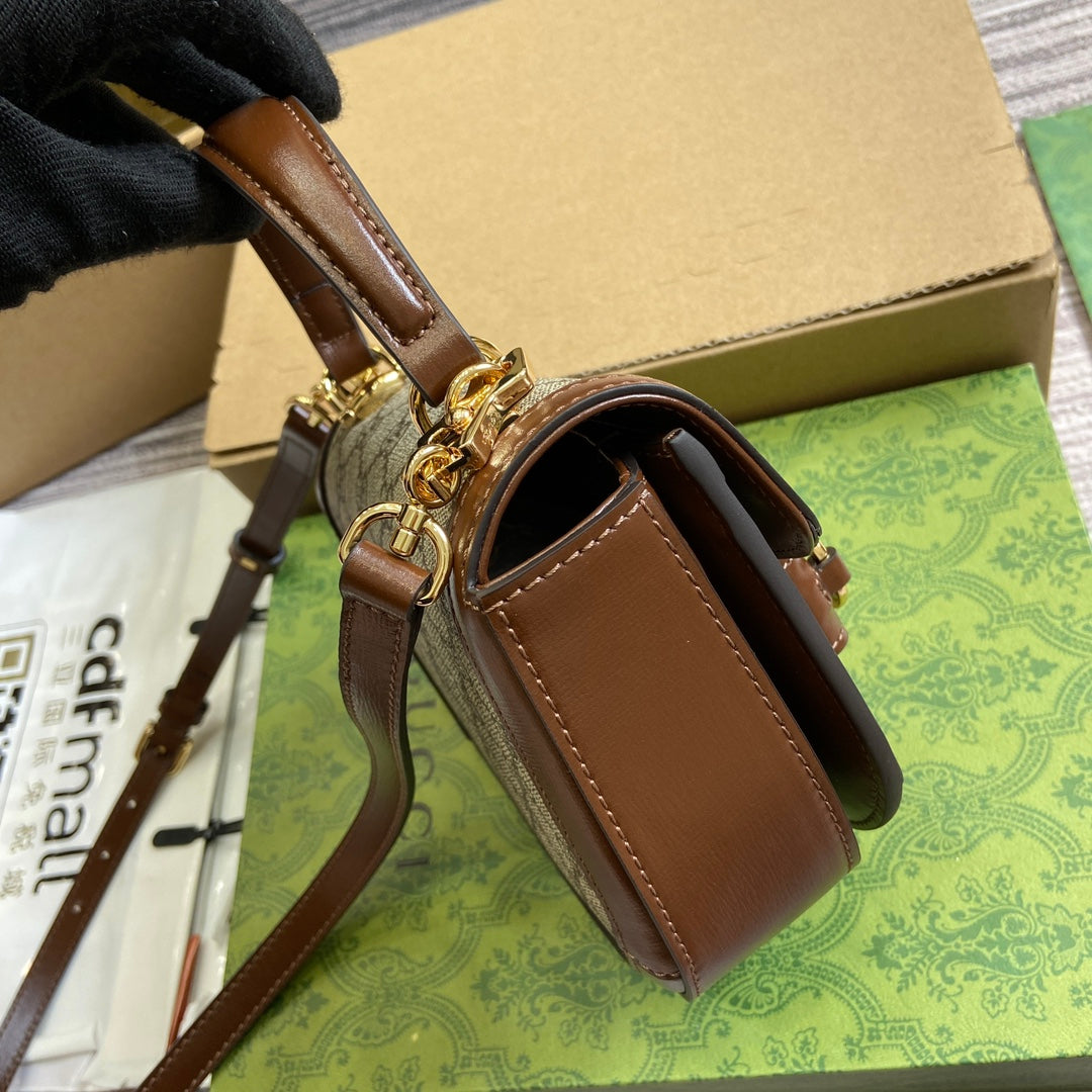 Luxury Gucci HORSEBIT 1955 MINI TOP HANDLE BAG 18 IN BEIGE CANVAS AND BROWN CALFSKIN GOLD HARDWARE