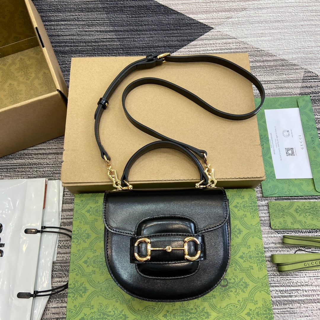 Luxury Gucci HORSEBIT 1955 MINI TOP HANDLE BAG 18 IN BLACK CALFSKIN GOLD HARDWARE