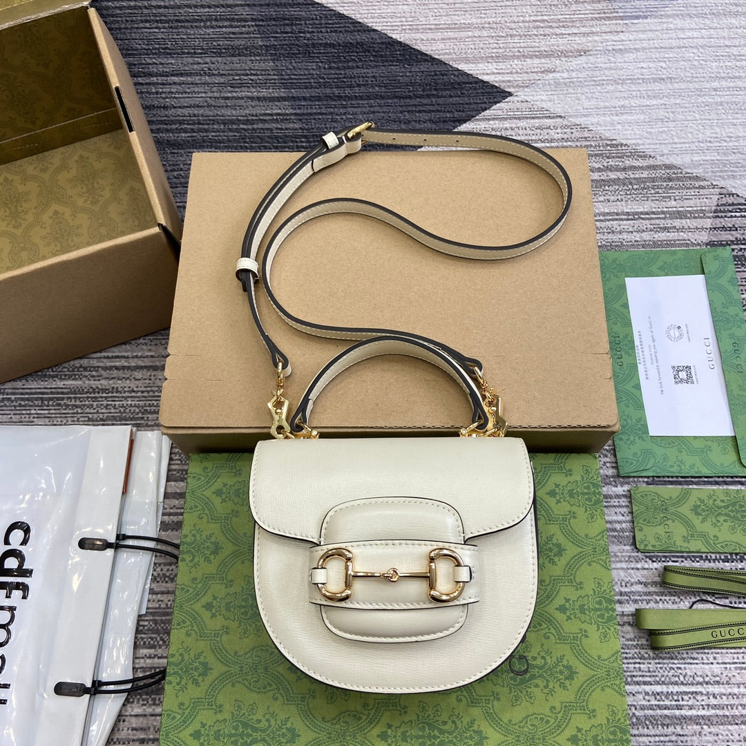 Luxury Gucci HORSEBIT 1955 MINI TOP HANDLE BAG 18 IN WHITE CALFSKIN GOLD HARDWARE