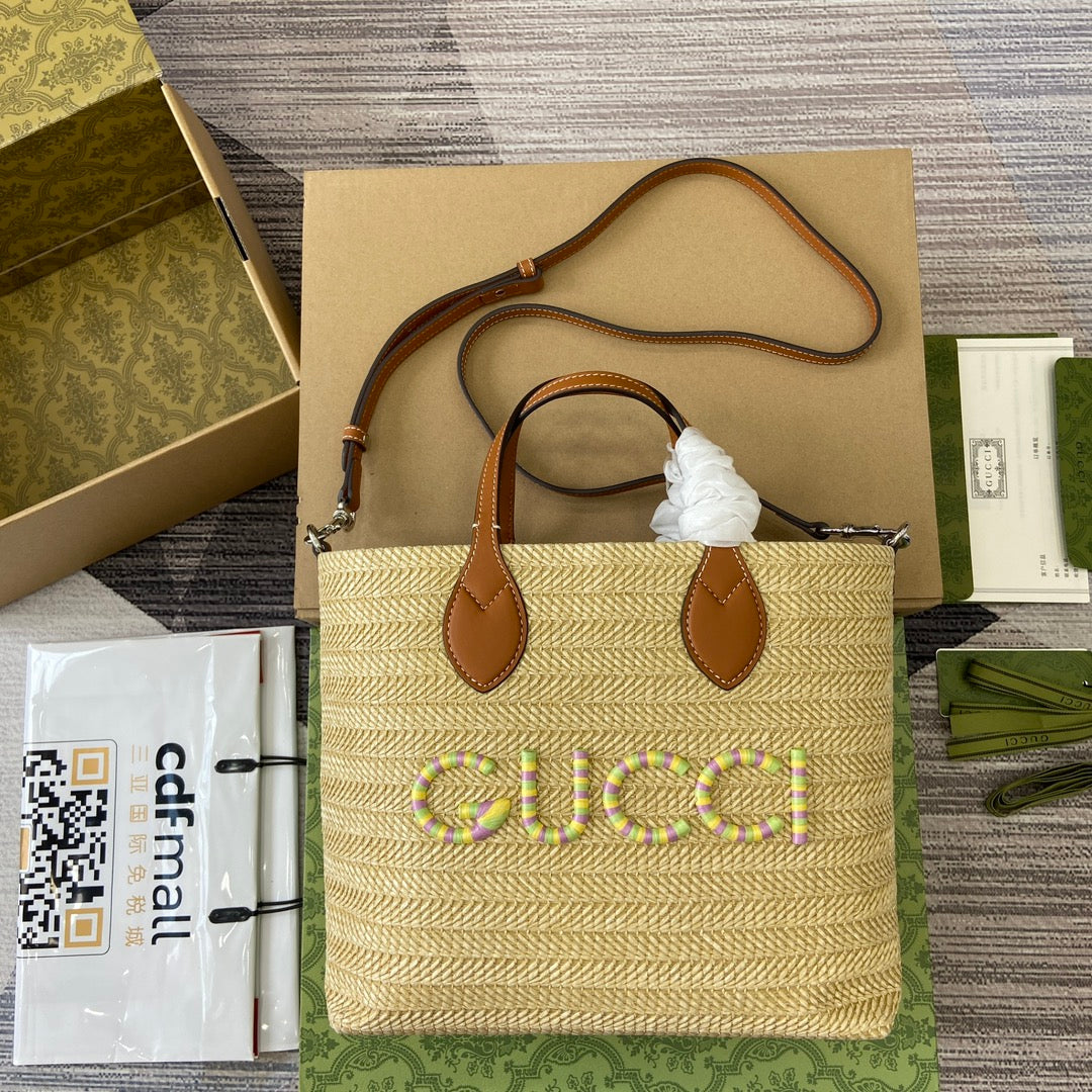 Luxury Gucci SMALL 35 STRAW-EFFECT TOTE BROWN MIX BEIGE