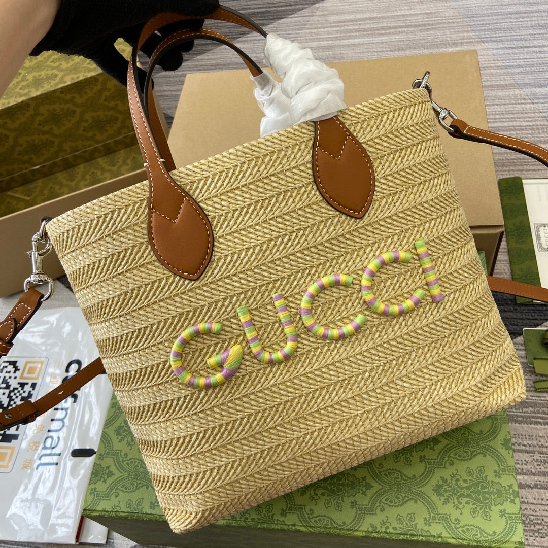 Luxury Gucci SMALL 35 STRAW-EFFECT TOTE BROWN MIX BEIGE