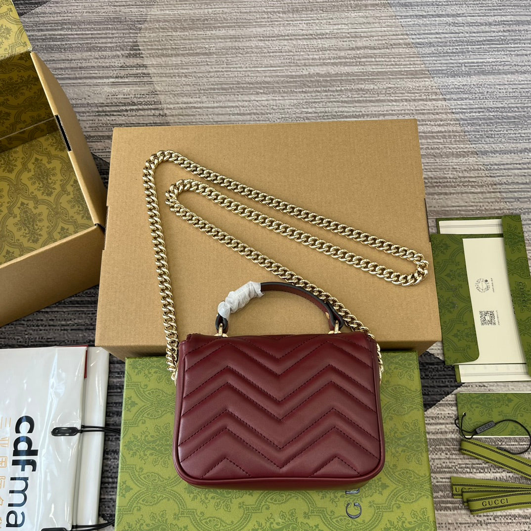 Luxury Gucci GG MARMONT 13 MINI TOP HANDLE BAG ROSSO ANCORA RED CALFSKIN