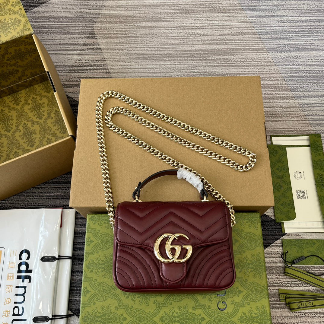 Luxury Gucci GG MARMONT 13 MINI TOP HANDLE BAG ROSSO ANCORA RED CALFSKIN
