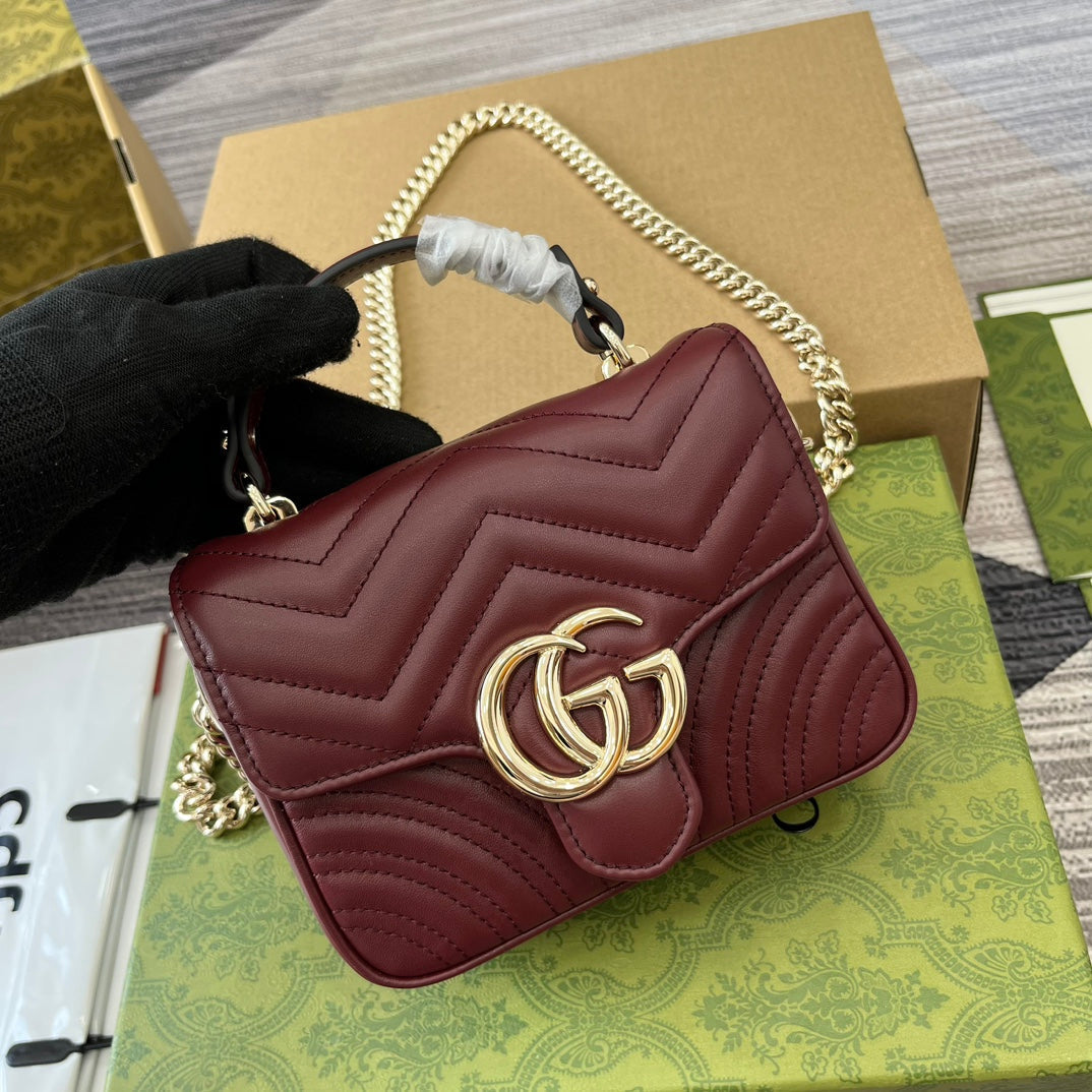 Luxury Gucci GG MARMONT 13 MINI TOP HANDLE BAG ROSSO ANCORA RED CALFSKIN