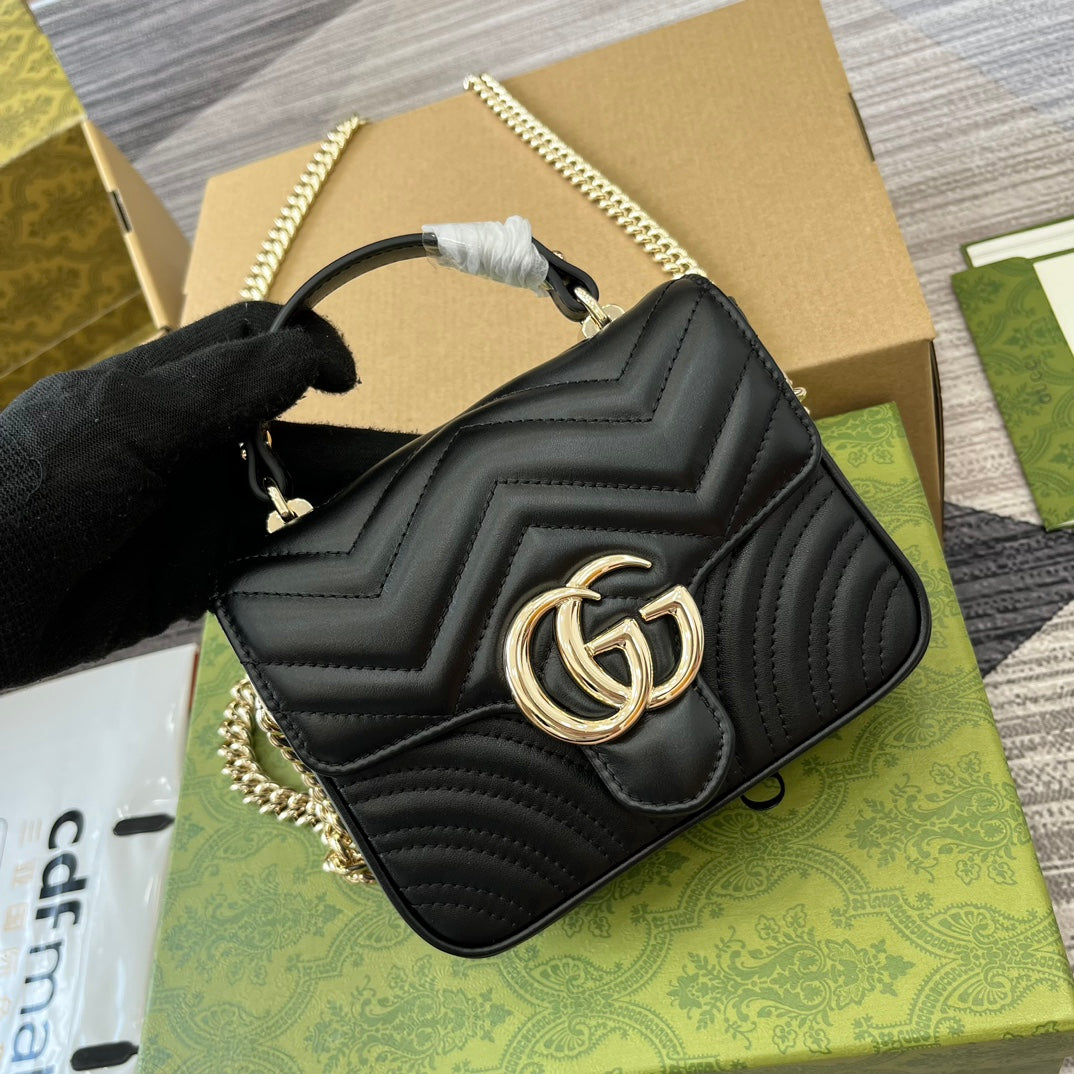 Luxury Gucci GG MARMONT 13 MINI TOP HANDLE BAG BLACK CALFSKIN