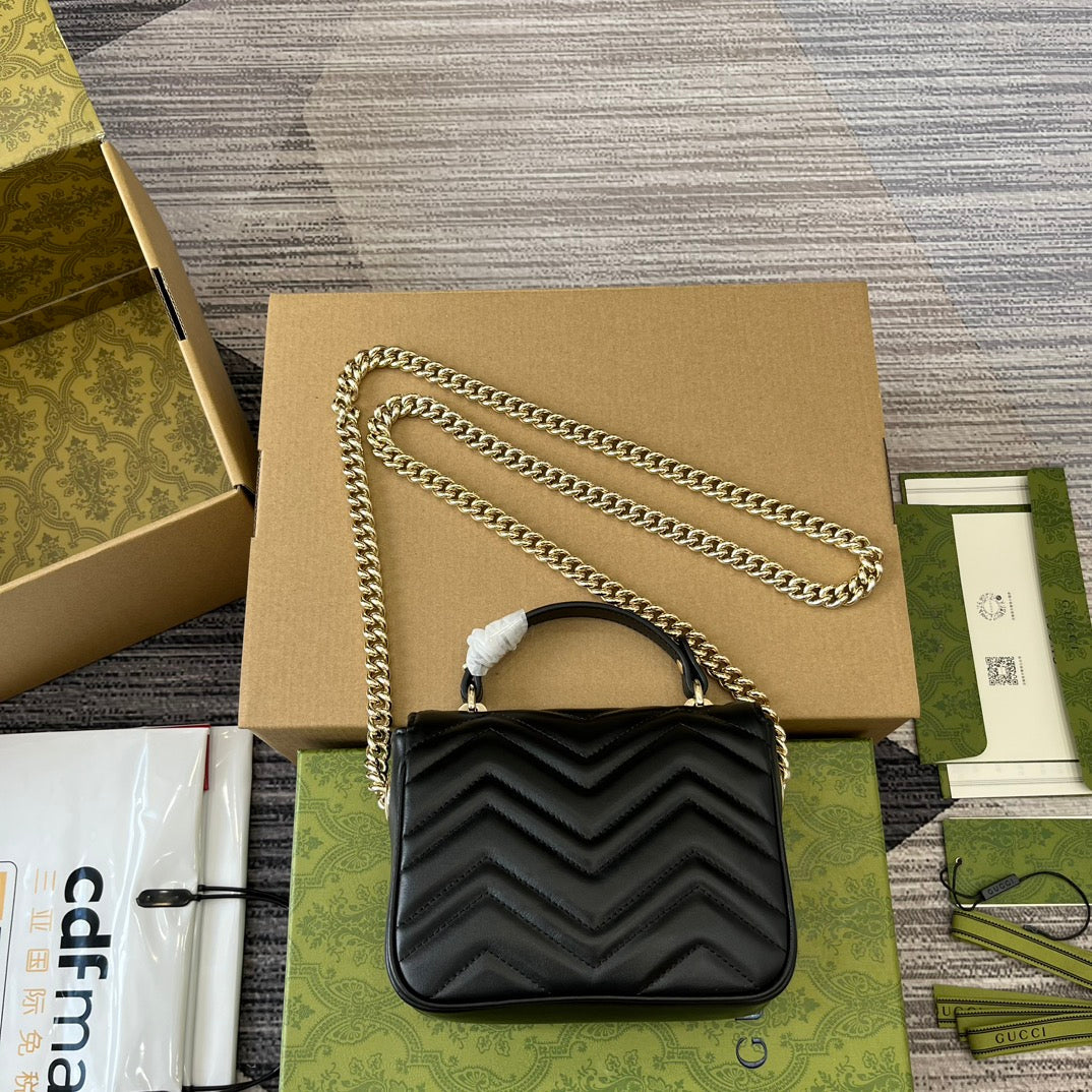 Luxury Gucci GG MARMONT 13 MINI TOP HANDLE BAG BLACK CALFSKIN