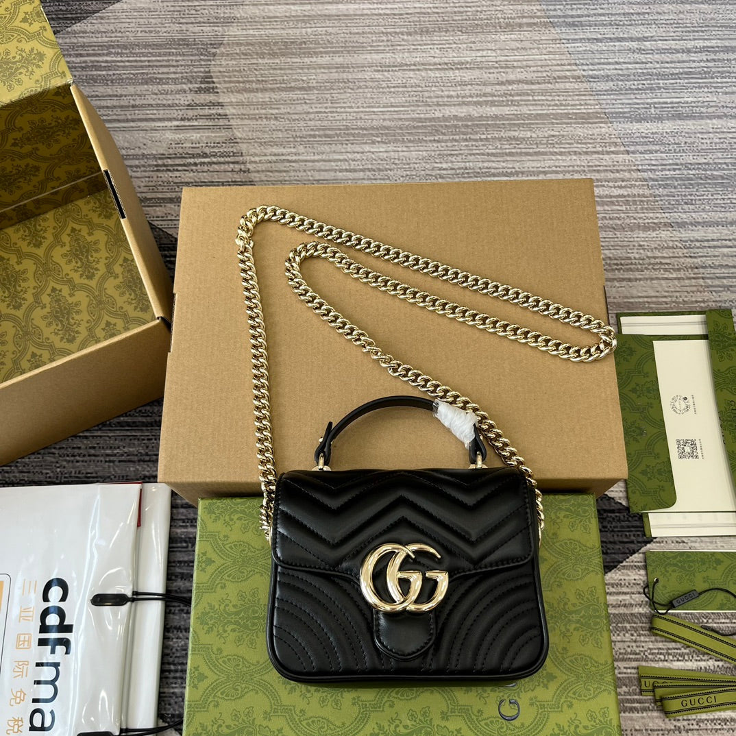 Luxury Gucci GG MARMONT 13 MINI TOP HANDLE BAG BLACK CALFSKIN