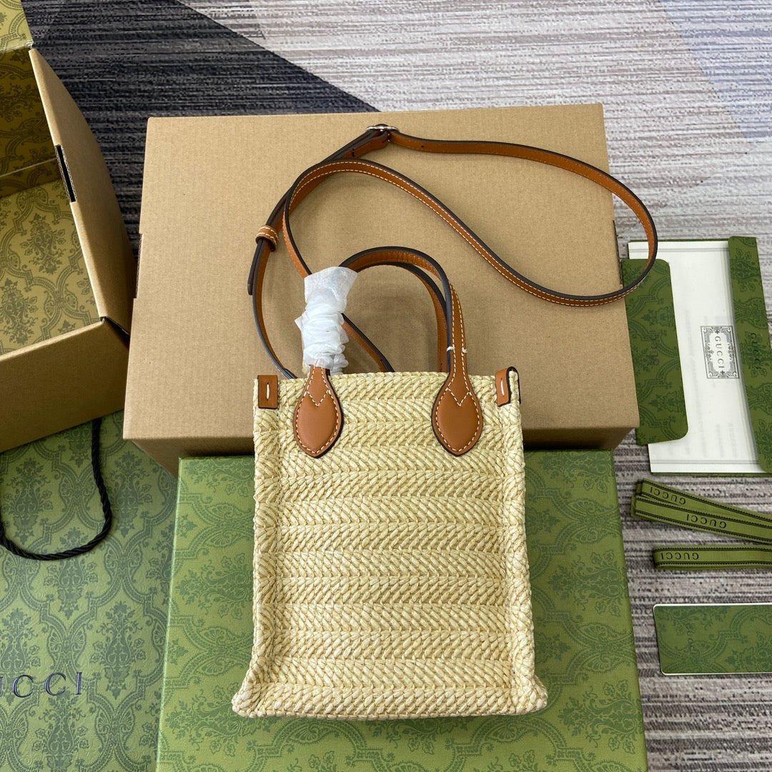 Luxury Gucci MINI 18 LOGO RAFFIA TOTE BAG