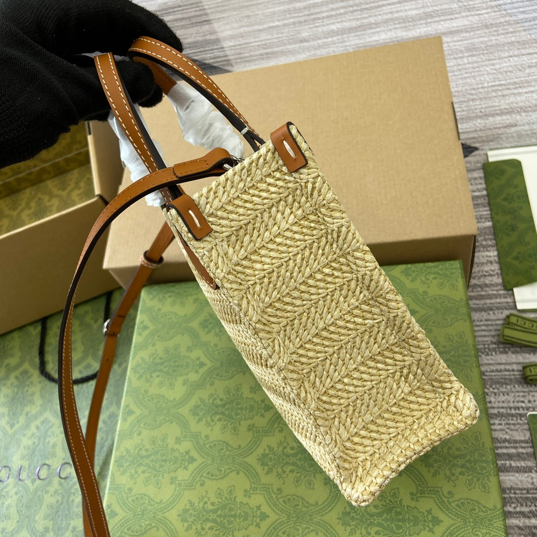 Luxury Gucci MINI 18 LOGO RAFFIA TOTE BAG