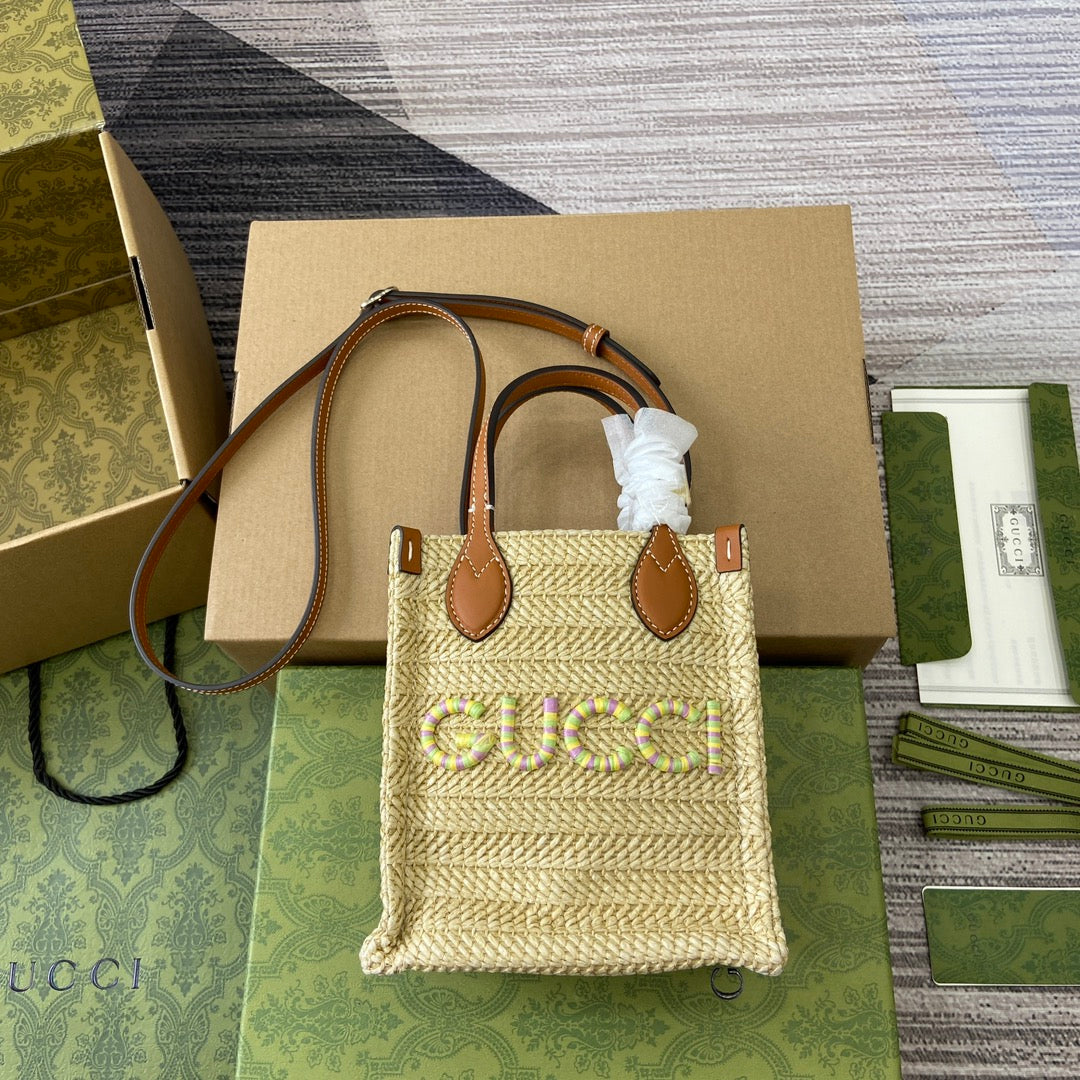 Luxury Gucci MINI 18 LOGO RAFFIA TOTE BAG