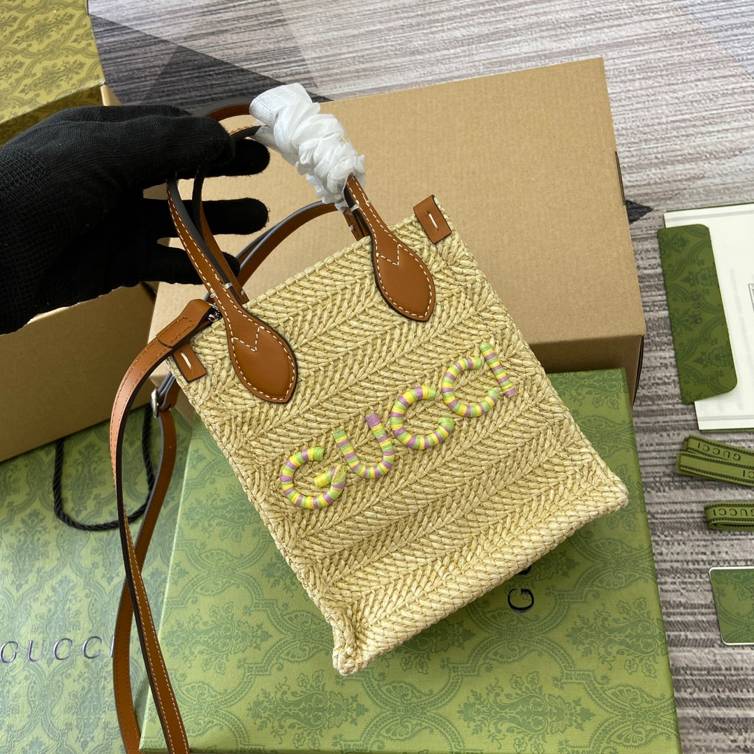 Luxury Gucci MINI 18 LOGO RAFFIA TOTE BAG