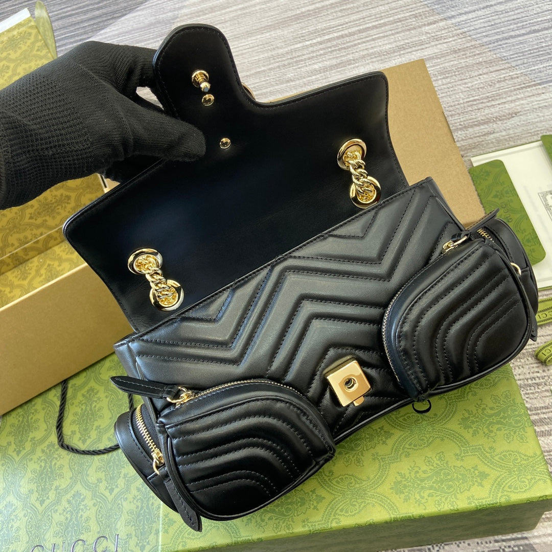 Luxury Gucci MARMONT SMALL MULTI-POCKET BAG 25 IN BLACK CALFSKIN GOLD HARDWARE