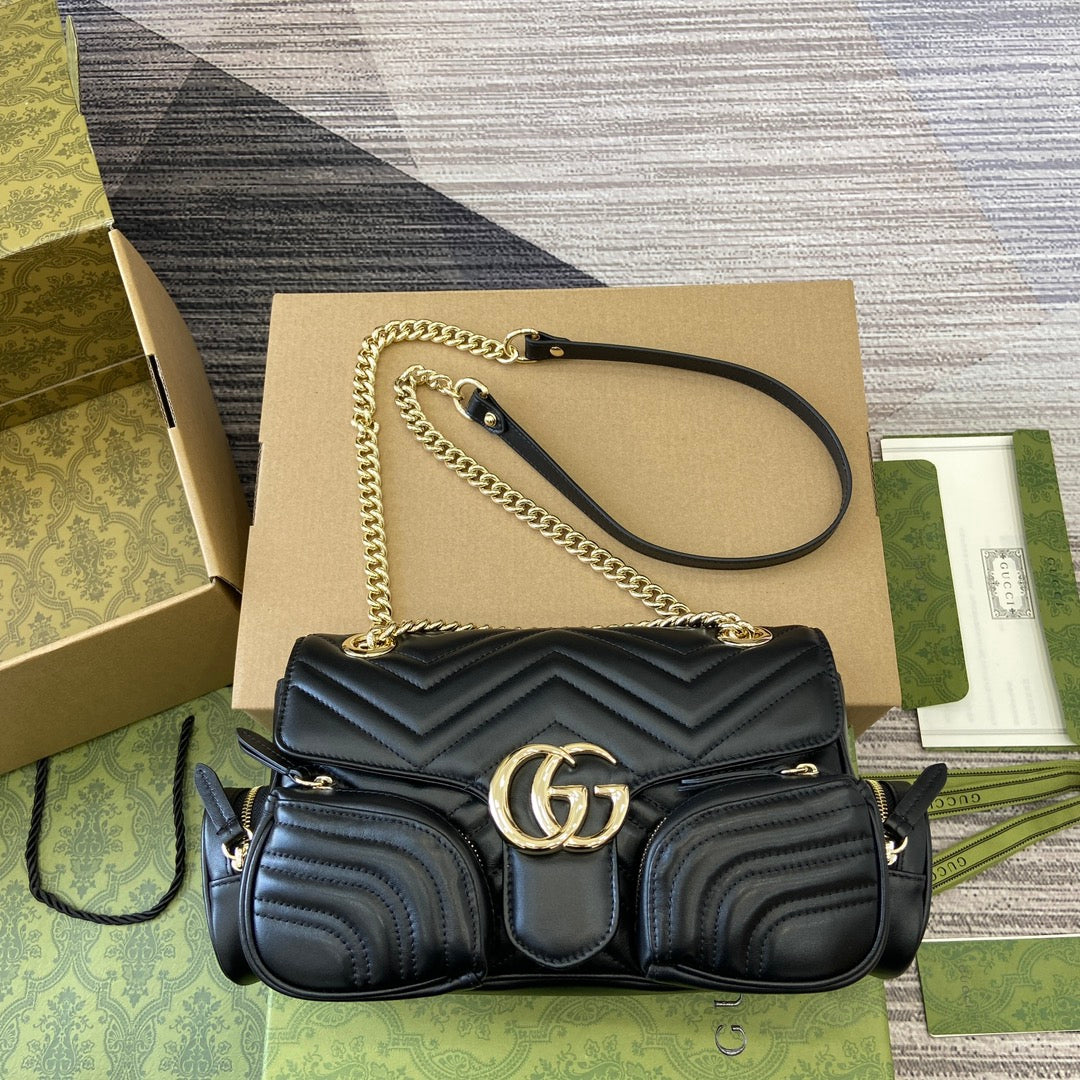 Luxury Gucci MARMONT SMALL MULTI-POCKET BAG 25 IN BLACK CALFSKIN GOLD HARDWARE