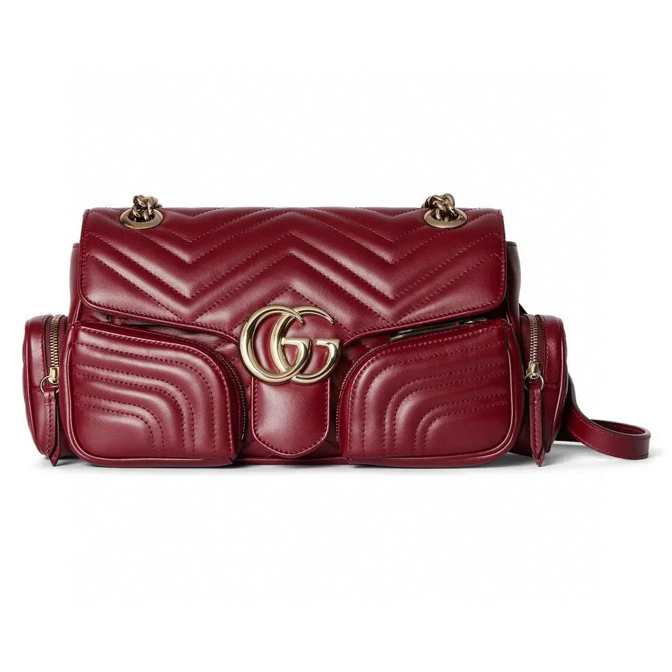 Luxury Gucci MARMONT SMALL MULTI-POCKET BAG 25 IN CURRANT RED CALFSKIN GOLD HARDWARE