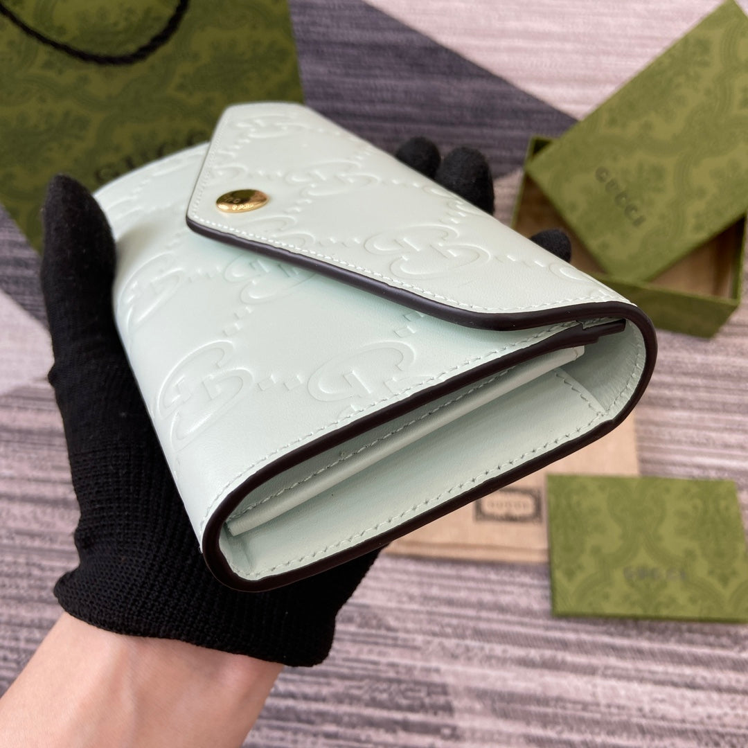 Luxury Gucci CONTINENTAL WALLET 19 IN MINT GREEN EMBOSSED CALFSKIN GOLD HARDWARE