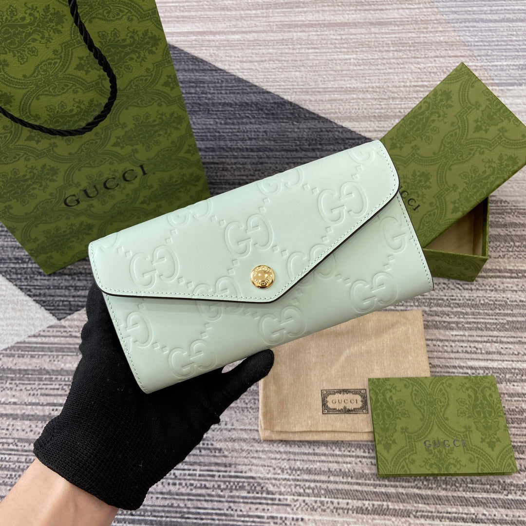 Luxury Gucci CONTINENTAL WALLET 19 IN MINT GREEN EMBOSSED CALFSKIN GOLD HARDWARE