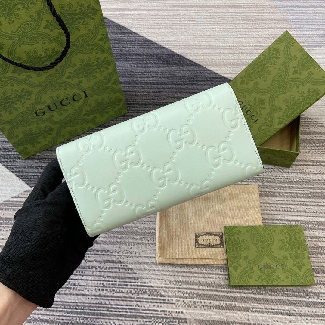 Luxury Gucci CONTINENTAL WALLET 19 IN MINT GREEN EMBOSSED CALFSKIN GOLD HARDWARE