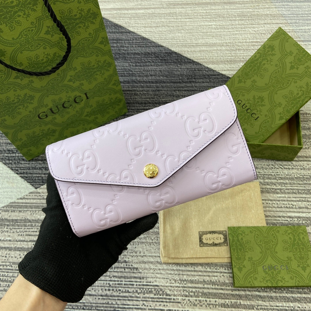 Luxury Gucci CONTINENTAL WALLET 19 IN LIGHT VIOLET EMBOSSED CALFSKIN GOLD HARDWARE